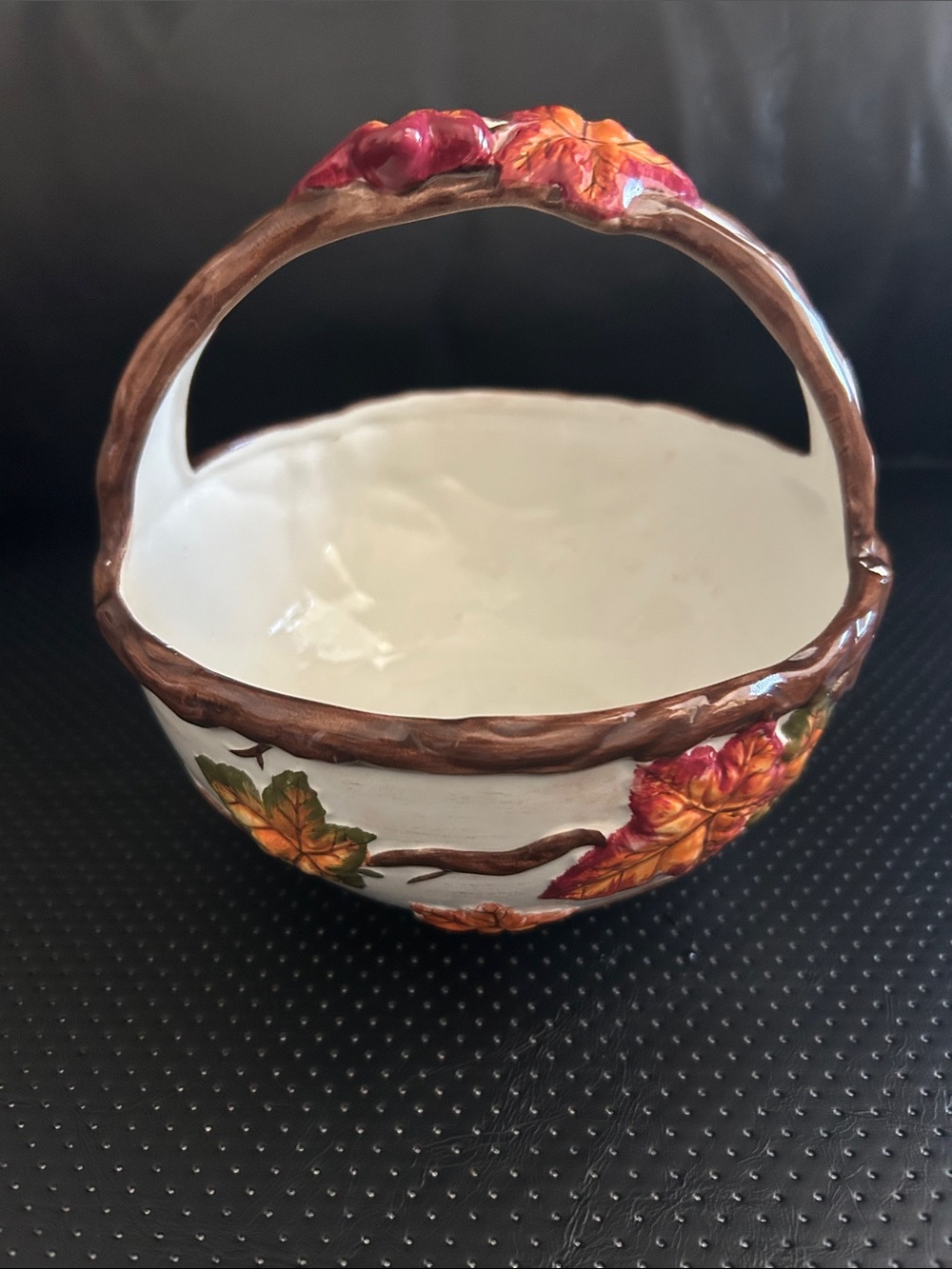 White Ceramic Decorative Basket with Autumn Leaf Accent - Multicolor